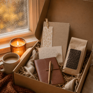 composition box essentielle devant une fenêtre